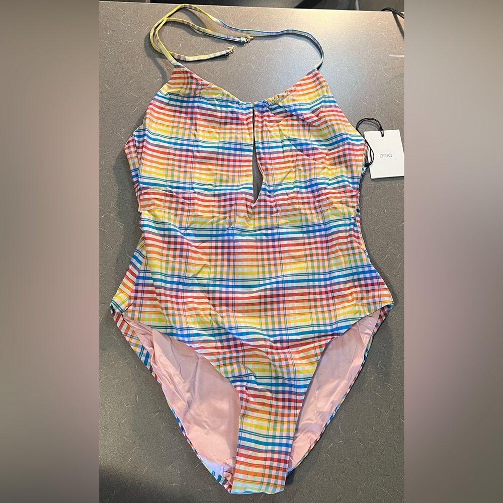 Onia Eliza One Piece Swimsuit Womens Size Large NWT Multi Color Plaid Halter